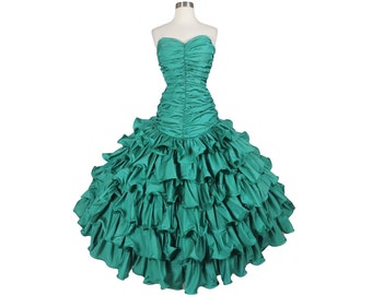 Vintage 80s Prom Dress XS Party Strapless Green Ruffle Formal Gala Gown Ruffled Tree Costume St Patricks Dance Queen Avant Garde Extra Small