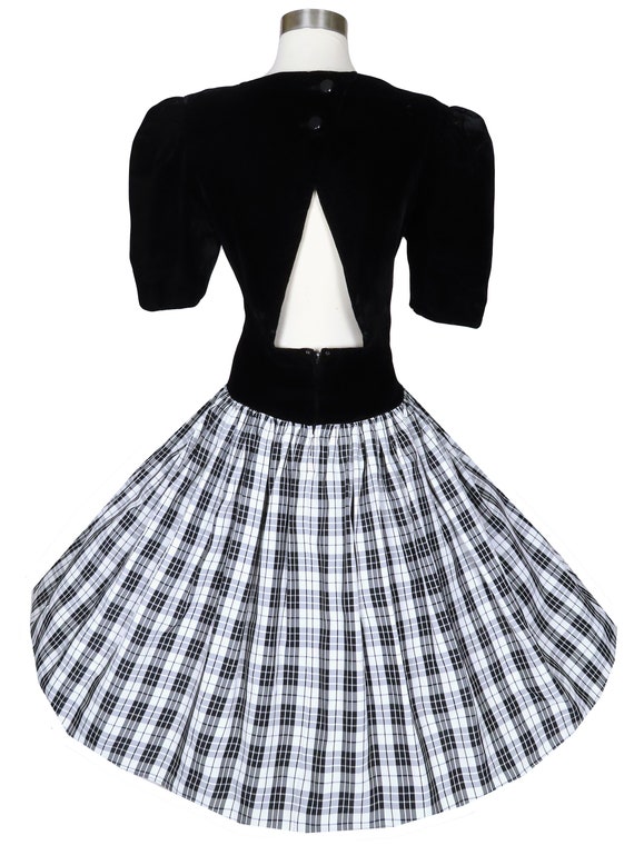 Vintage 80s Black Velvet White PLAID Taffeta Full… - image 7