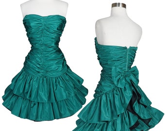 Vintage 80s Green Taffeta Strapless Ruched Ruffle Black Bustle Tiered Cocktail Party Prom Dress XXS XS Extra Small Glam Tiers Short Ruffled