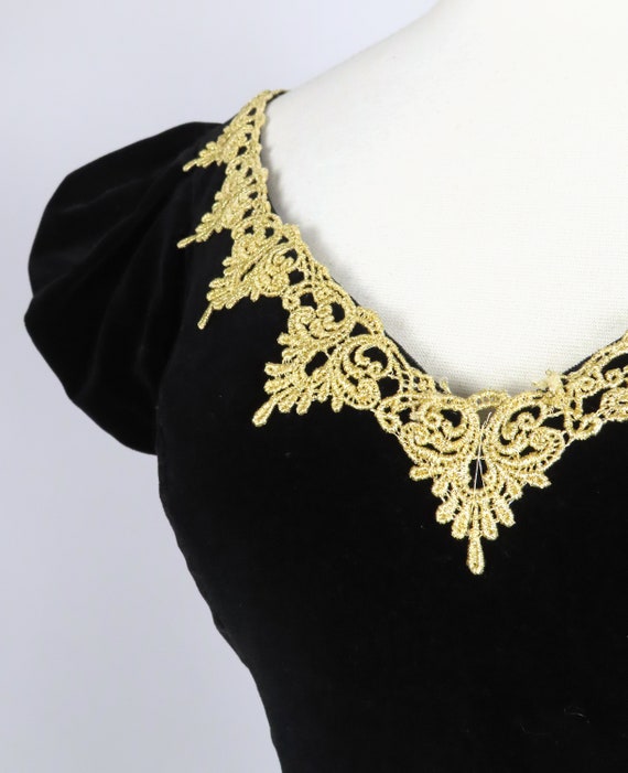 Vintage 80s 90s Black Gold Puff Sleeve Gold Lace … - image 10