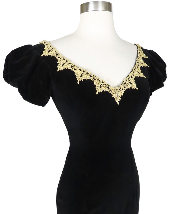 Vintage 80s 90s Black Gold Puff Sleeve Gold Lace … - image 5
