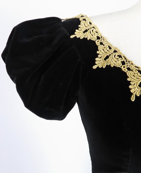 Vintage 80s 90s Black Gold Puff Sleeve Gold Lace … - image 4