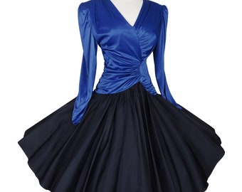 Vintage 80s Blue Slinky Draped Slinky Long Sleeve Dark Navy Blue Taffeta Full Circle Skirt Prom Party Dress S Small Womens Dance Glam Royal