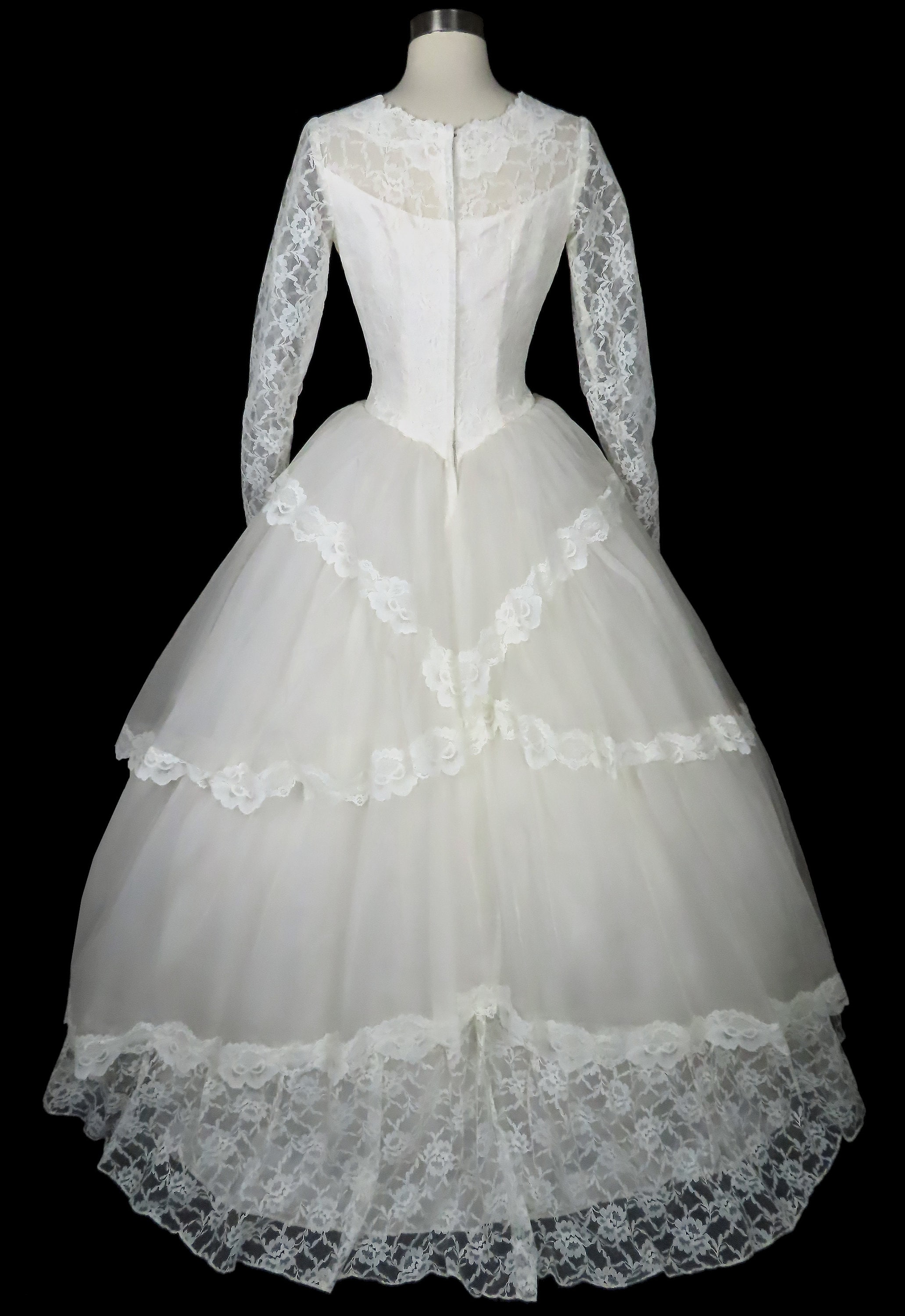 Vintage 50s White Floral LACE Tiered Wedding Dress Formal Bridal Gown S Vintage 50s White Floral LACE Tiered Wedding Dress Formal Bridal Gown S