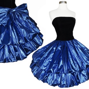 Vintage 80s Metallic Blue Lamé Foil Black Velvet Strapless Double Bubble Skirt Prom Party Dress XS Extra Small BEST Costume Dance Glam Queen image 1