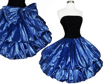 Vintage 80s Metallic Blue Lamé Foil Black Velvet Strapless Double Bubble Skirt Prom Party Dress XS Extra Small BEST Costume Dance Glam Queen