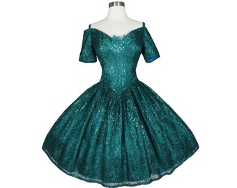 Vintage 80s 90s Gunne Sax Green Metallic Lurex Floral Lace Short Sleeve Full Skirt Prom Cocktail Party Dress S Small Off Shoulder Dance Glam