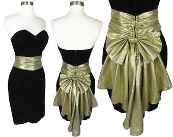 Vintage 80s Gold Metallic BOW Black Velvet Strapless Sheath Cocktail Party Prom Dress XS S Small Mini Skirt Glam Classic LBD Pinup Bombshell