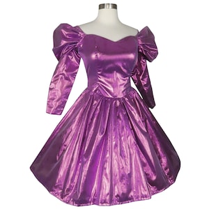 Vintage jaren 80 roze paars metallic lamé folie glanzende lange mouw volledige rok gala feestjurk S kleine avant-garde beste koningin dans formeel fancy