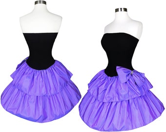 Vintage 80s Strapless Black Purple Prom Cocktail Party Dress XS S Extra Small Tube Top Lavender Light Taffeta Tiered Full Skirt Womens Tiers