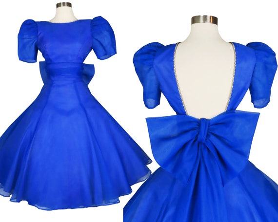 Vintage 80s 50s Blue Full Skirt Prom Party Dress … - image 1