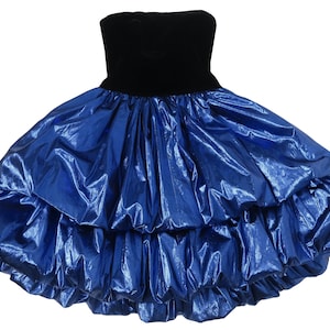 Vintage 80s Metallic Blue Lamé Foil Black Velvet Strapless Double Bubble Skirt Prom Party Dress XS Extra Small BEST Costume Dance Glam Queen image 4