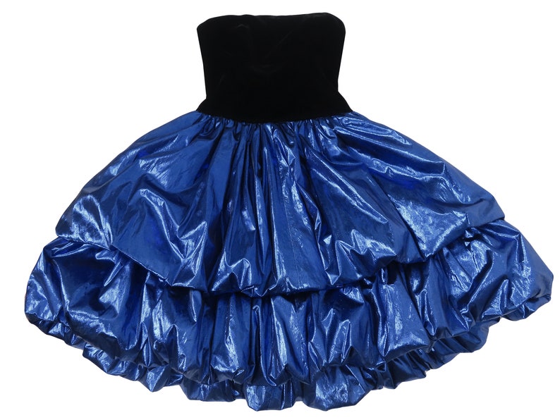 Vintage 80s Metallic Blue Lamé Foil Black Velvet Strapless Double Bubble Skirt Prom Party Dress XS Extra Small BEST Costume Dance Glam Queen image 4