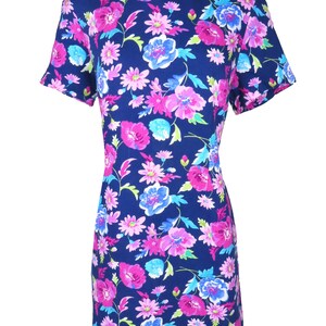 Vintage 90s Soft Grunge Floral Shift Navy Pink Blue Flowers Garden Party Dress L XL Short Sleeves Knee Length 1990s Casual Womens Normcore