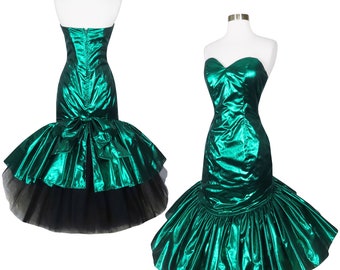 Vintage 80s Strapless Metallic Green Lamé Foil Black Tulle Bow Mermaid Full Skirt Prom Party Dress XS S Extra Small Shiny Formal Dance Gown