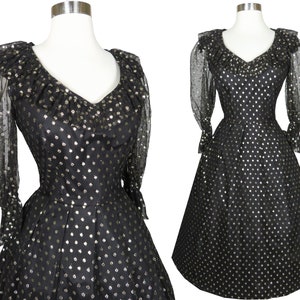 Vintage 80s 50s Gold Polka Dot Black Tulle Long Ruffle Full Skirt Prom Cocktail Party Dress M Medium Net Calf Length V Neck
