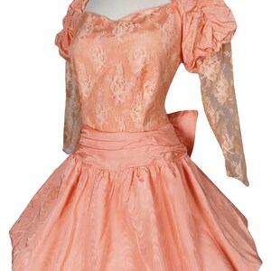 Vintage 80s Peach Lace Balloon Bubble Skirt Puff Sleeve Moire Taffeta Floral Prom Party Dress L Large image 6