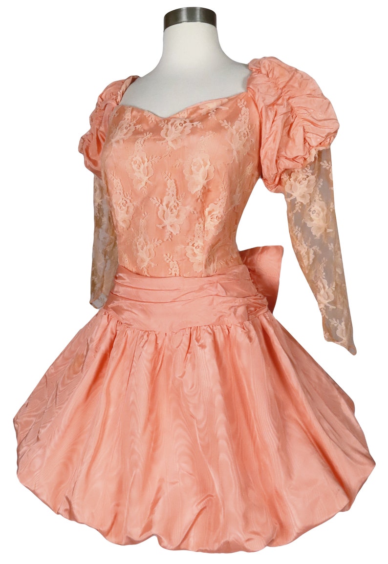 Vintage 80s Peach Lace Balloon Bubble Skirt Puff Sleeve Moire Taffeta Floral Prom Party Dress L Large image 6