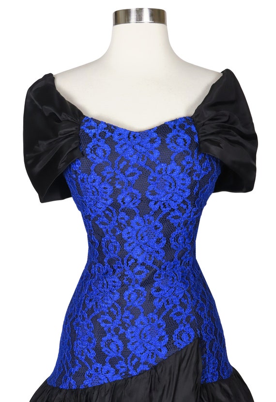 Vintage 80s Black Blue LACE Full Skirt Mermaid Pr… - image 7