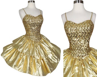 Vintage 80s Strapless Gold Metallic Sequin Tiered Full Skirt Prom Cocktail Party Dress M Medium Lamé Foil Best Queen Dance Glam Short Womens