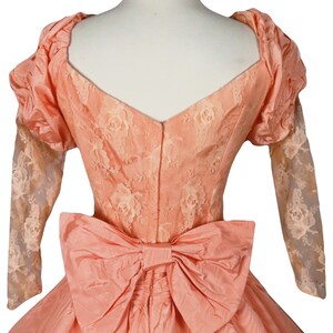 Vintage 80s Peach Lace Balloon Bubble Skirt Puff Sleeve Moire Taffeta Floral Prom Party Dress L Large image 9