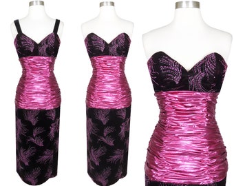 Vintage 80s Velvet METALLIC Pink Glitter Wiggle Cocktail Party Prom Dress XS S Extra Small Strapless or Straps Lame Sheath Alyce Designs