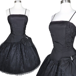 Vintage 80s Black Lace Taffeta Full Skirt Prom Cocktail Party Dress XS Extra Small Asymmetrical Skirt Spaghetti Straps Big Bow Glam Costume