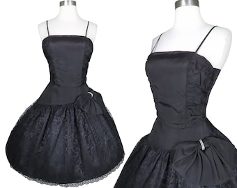 Vintage 80s Black Lace Taffeta Full Skirt Prom Cocktail Party Dress XS Extra Small Asymmetrical Skirt Spaghetti Straps Big Bow Glam Costume