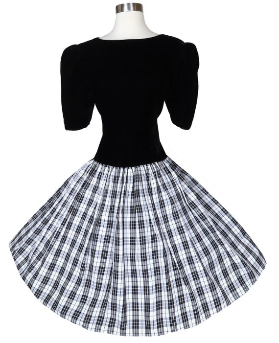 Vintage 80s Black Velvet White PLAID Taffeta Full… - image 2