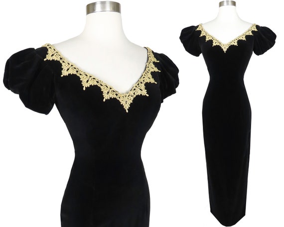 Vintage 80s 90s Black Gold Puff Sleeve Gold Lace … - image 1