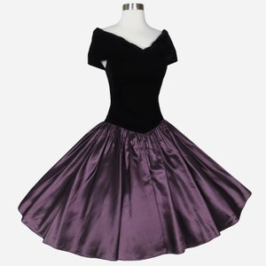 Vintage 80s 50s Dark Purple Taffeta Black Velvet Off Shoulder Wrap Full Skirt Prom Party Dress XS Extra Small Formal Dance Rockabilly Swing