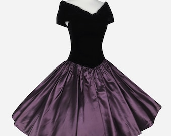 Vintage 80s 50s Dark Purple Taffeta Black Velvet Off Shoulder Wrap Full Skirt Prom Party Dress XS Extra Small Formal Dance Rockabilly Swing