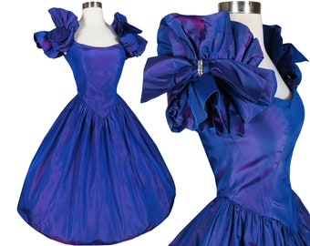 Vintage 80s Purple Blue Iridescent Taffeta Full Skirt Prom Cocktail Party Dress Zum Zum XS Extra Small Blurple Womens Formal Dance Costume