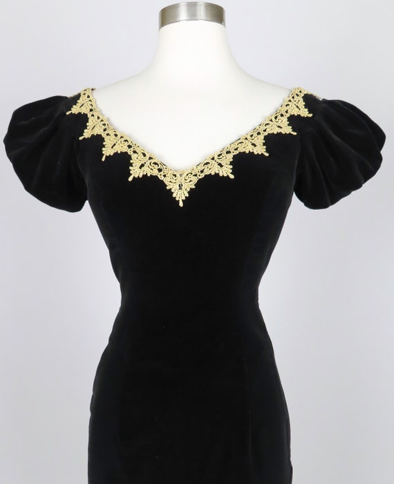 Vintage 80s 90s Black Gold Puff Sleeve Gold Lace … - image 9