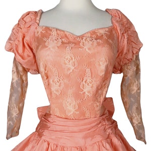 Vintage 80s Peach Lace Balloon Bubble Skirt Puff Sleeve Moire Taffeta Floral Prom Party Dress L Large image 8