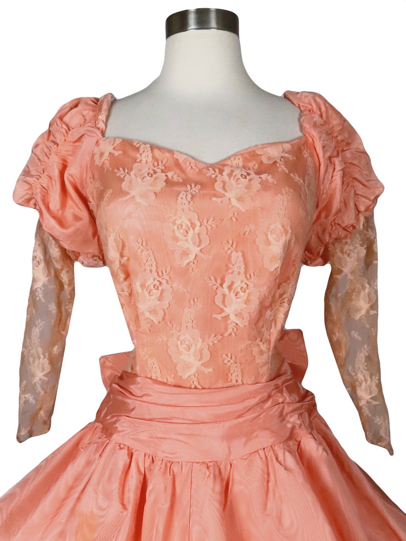 Vintage 80s Peach Lace Balloon Bubble Skirt Puff Sleeve Moire Taffeta Floral Prom Party Dress L Large image 8