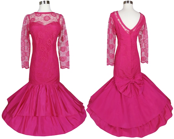 Vintage 80s Fuchsia Pink LACE Prom Party Dress S … - image 1