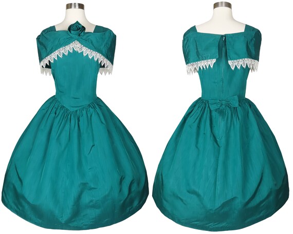 Vintage 80s Teal Taffeta Prom Party Dress XL Extr… - image 1