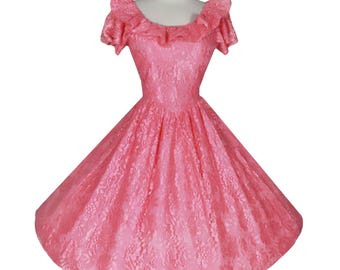 Vintage 80s Pink Floral Lace Prom Dress Medium, 50s Style Full Skirt Swing Dance Party Gown, Coquette Fairycore Bubblegum Pink