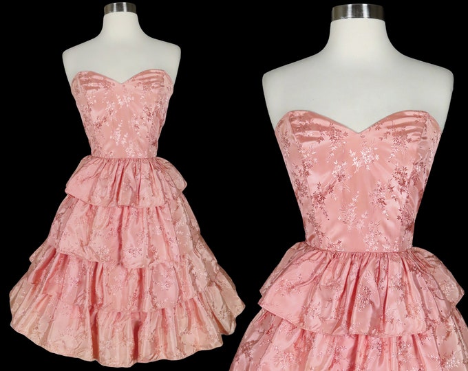 Vintage 80s 50s Peach Pink Floral Strapless Full Tiered Skirt Prom