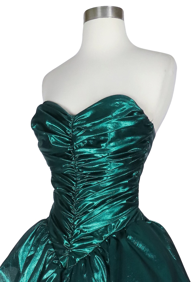 Vintage 80s Metallic Green Lamé Foil Strapless Ruched Peplum Full Skirt Ballgown Prom Party Dress Ball Gown XS S Extra Small image 10