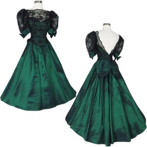 Vintage 80s Green Taffeta Black Lace Hi Lo Puff Sleeves Full Skirt Bows Prom Party Dress XXS XS Extra Extra Small Costume Bridesmaid Gown