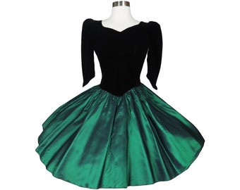 Vintage 80s Green Taffeta Black Velvet Full Skirt Prom Party Dress XS Extra Small Bow Open Back 1980s Costume Bridesmaid Formal Dance