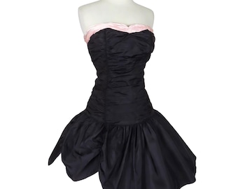Vintage 80s Ballet Pink bez ramiączek Czarna tafta Pełna spódnica Krótkie Mini Koktajlowe Party Prom Dress S Mały Kostium Fairy Whimsy Whimsygoth Core