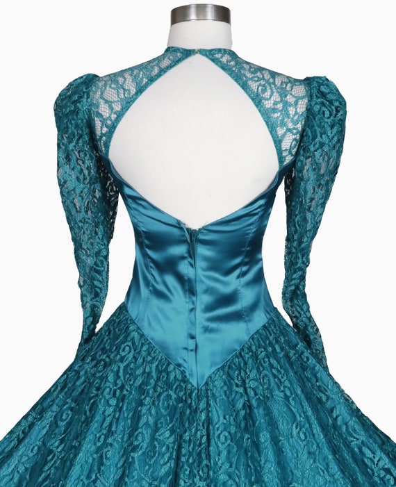 Vintage 80s 40s Teal Blue Green Lace Satin Prom P… - image 6