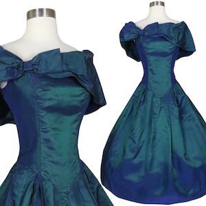 Vintage 80s 90s Dark Blue Green Iridescent Taffeta Full Skirt Bow Prom Party Dress S Small Alfred Angelo Bridesmaid Formal Dance Costume image 1