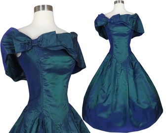 Vintage 80s 90s Dark Blue Green Iridescent Taffeta Full Skirt Bow Prom Party Dress S Small Alfred Angelo Bridesmaid Formal Dance Costume
