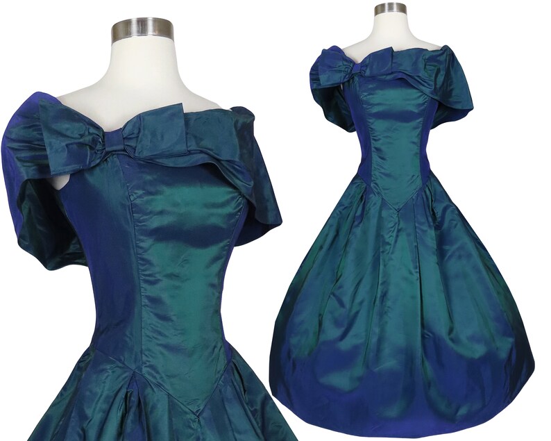 Vintage 80s 90s Dark Blue Green Iridescent Taffeta Full Skirt Bow Prom Party Dress S Small Alfred Angelo Bridesmaid Formal Dance Costume image 1