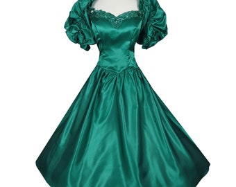 Vintage 80s Green Satin Puff Sleeve Full Skirt Prom Gown Party Dress L Large Sequin Formal Gala Dance Bridesmaid Womens Ruffle