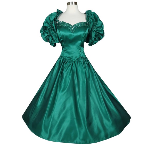 Vintage 80s Green Satin Puff Sleeve Full Skirt Pr… - image 1